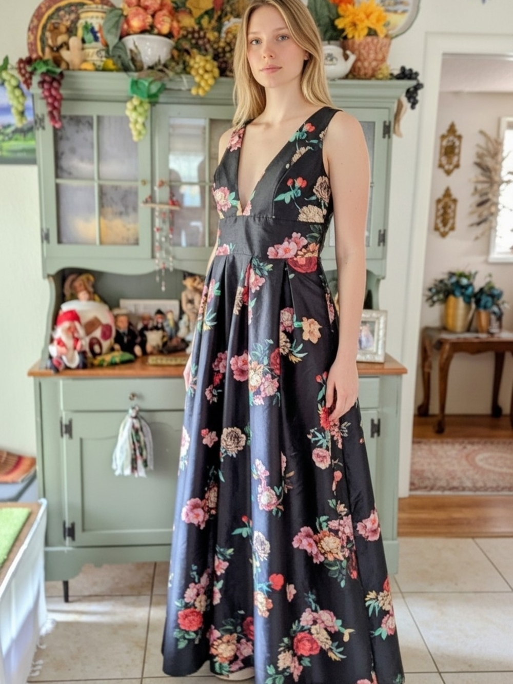 eShakti Blue Floral Deep V-Neck Maxi Dress Size L 12